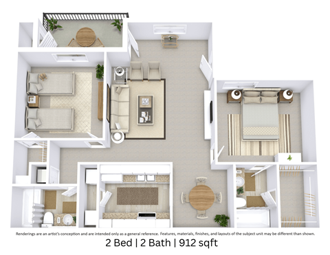 Floor plan for 2 beds, 2 baths, 912 sqft